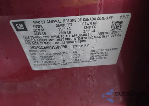 2017 Chevrolet Equinox Lt z USA, uszkodzony, nr VIN 2GNALCEK5H1581798